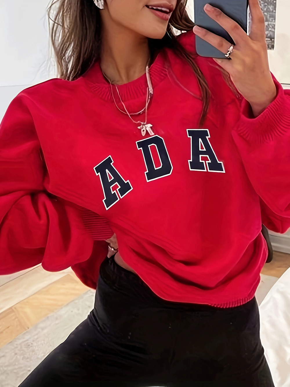 ZARA Trendy Casual Letter Print Long Sleeve Crew Neck Sweatshirt Fall Winter